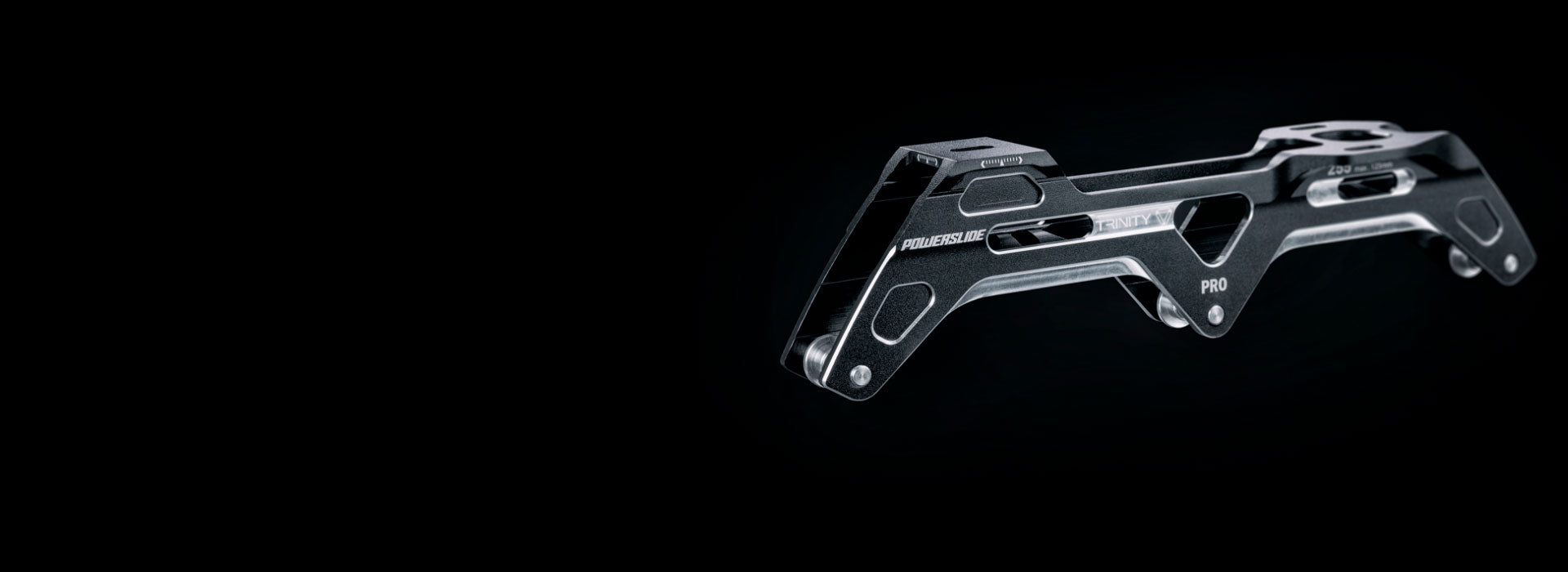 A close-up image of a 3-wheel Powerslide Trinity frame for inline skates